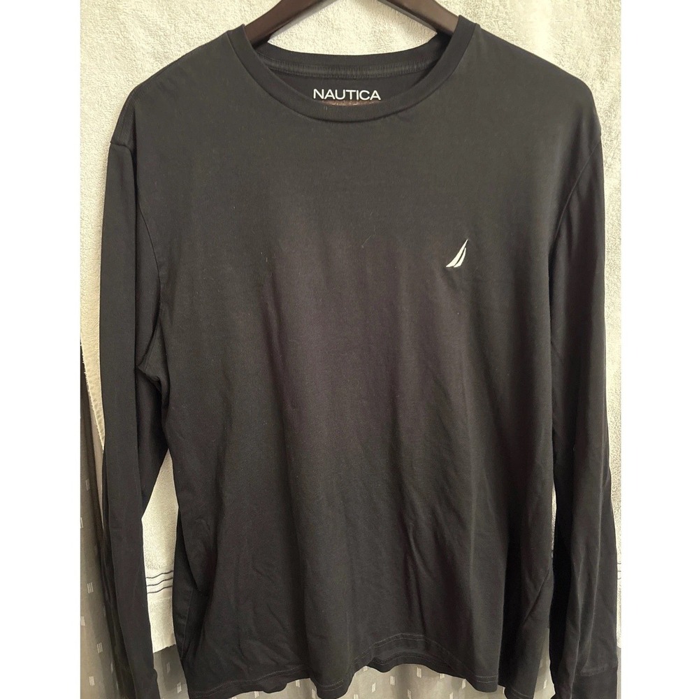 Nautica Mens Long Sleeve Cotton Crewneck T-Shirt Black Sailboat Logo Large